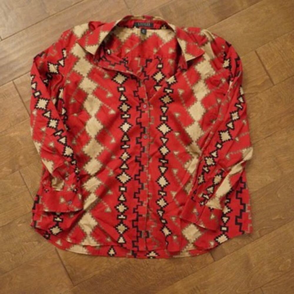 Lauren Ralph Lauren Western Aztec Long Sleeve Button Up Top Red Womens Size 2X